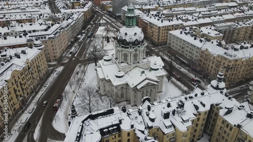 Aerial video of Stockholm, Sweden, Gustaf Vasa Odenplan church photo