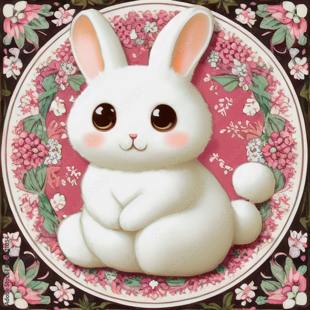 An illustration of a cute white fluffy bunny with flowers created with Generative AI An illustration of a cute white fluffy bunny with flowers created with Generative AI