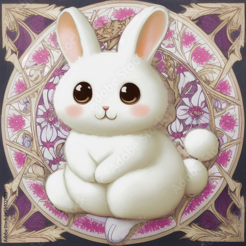 An illustration of a cute white fluffy bunny with gold on background created with Generative AI 