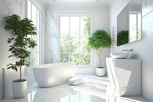 Modern bathroom elegant interior, white bright bath on sunny day, luxury indoor home desing generative ai