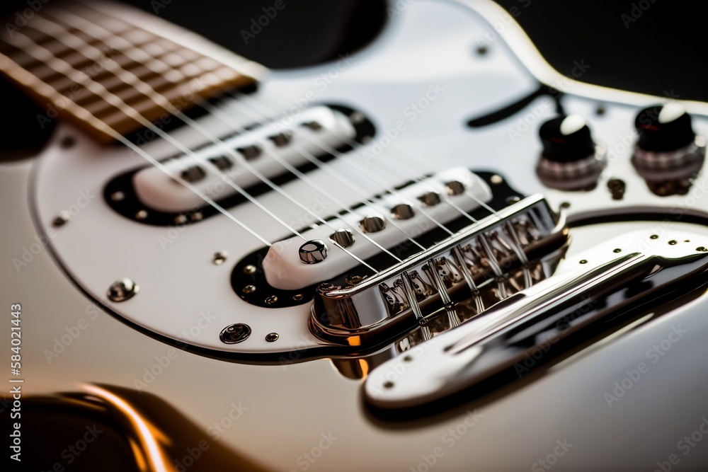 Close up of crisp white electric guitar with blurred background, created using Generative AI Art Close up of crisp white electric guitar with blurred background, created using Generative AI Art