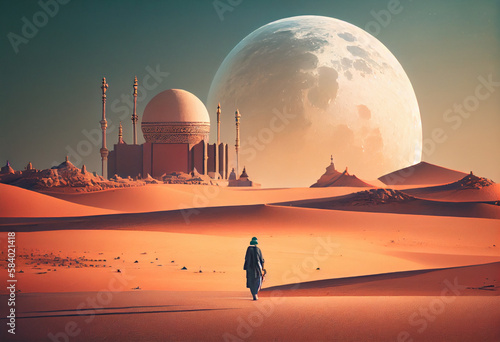 A man walking towards a large moon in a desert with a large mosque in the background . Generate Ai.