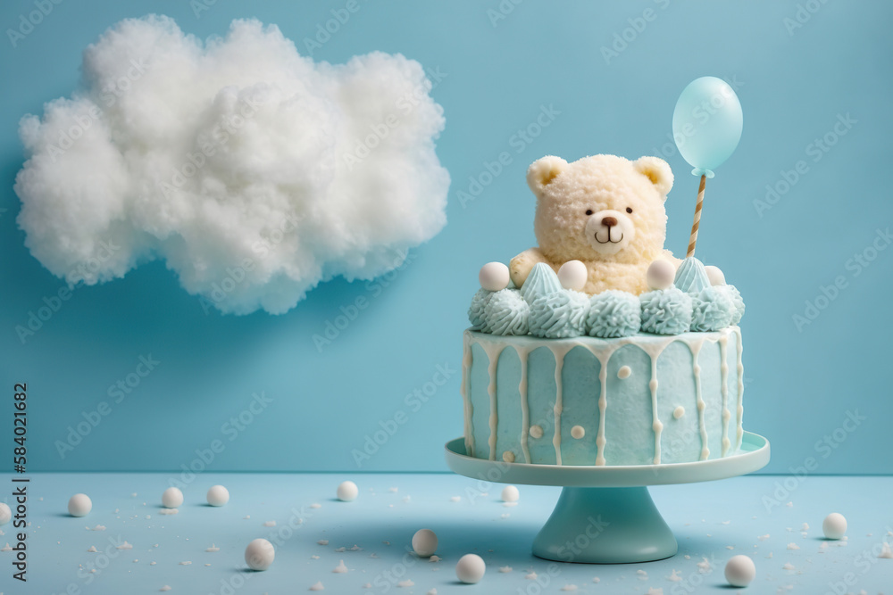 Blue cake on a stand decorated with toy teddy bear, ballon, cloud ...