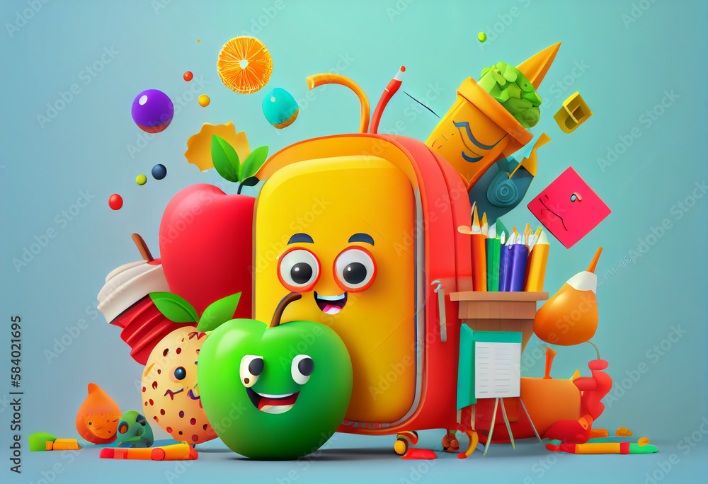 Fototapeta premium Back to school banner design with colorful funny school characters. Generate Ai.