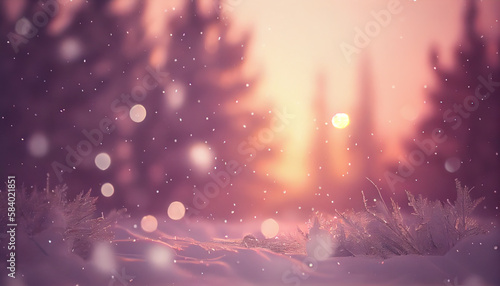 Beautiful natural winter defocused blurry background image with forest, snowdrifts and light snowfall in pinkish light of passing day on sunset. Generate Ai.