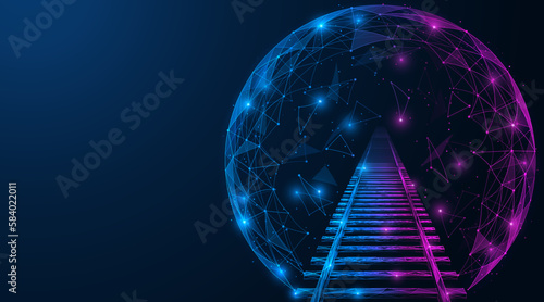 Railway track leading to the metaverse. Polygonal design of interconnected lines and points. Blue background.