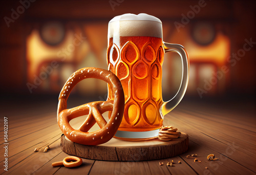 Beer and Pretzel on wooden background, Oktoberfest. Generate Ai.