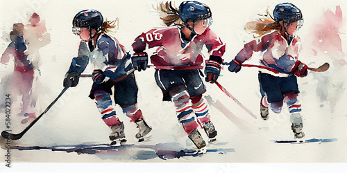 Ice Hockey and Female Empowerment: Watercolor Girls / Women playing Hockey. Poster. Generative AI. photo