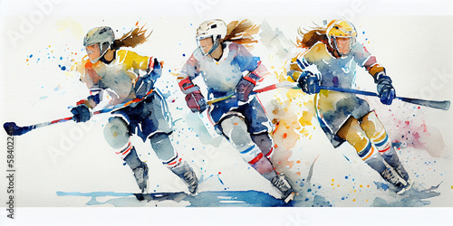 Wallpaper Mural Ice Hockey and Female Empowerment: Watercolor Girls / Women playing Hockey. Poster. Generative AI. Torontodigital.ca