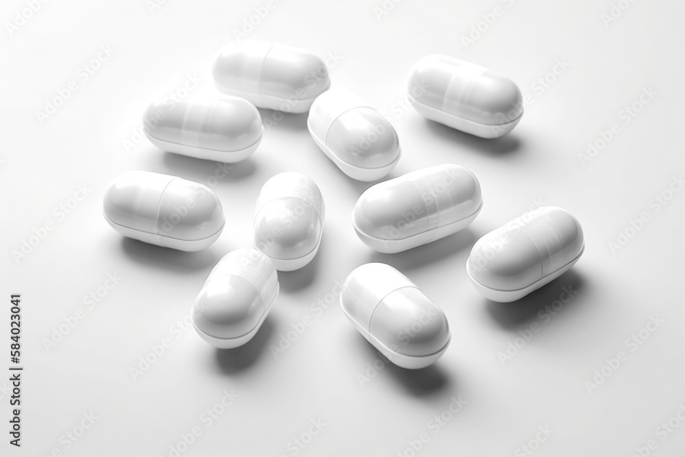 White pils close up drugs medicine pharmasy medical capsules tablets white background health generative ai