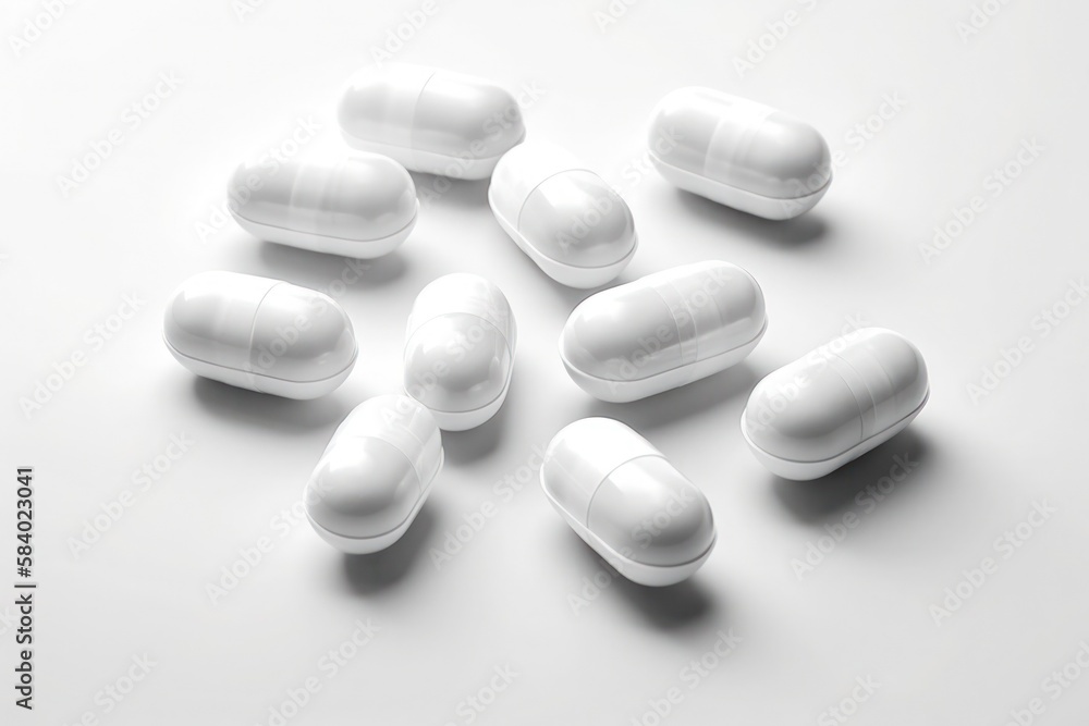 White pils close up drugs medicine pharmasy medical capsules tablets white background health generative ai White pils close up drugs medicine pharmasy medical capsules tablets white background health generative ai