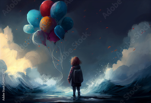 Digital illustration painting of child holding balloons standing in front of fantasy storm, sea. Generate Ai.
