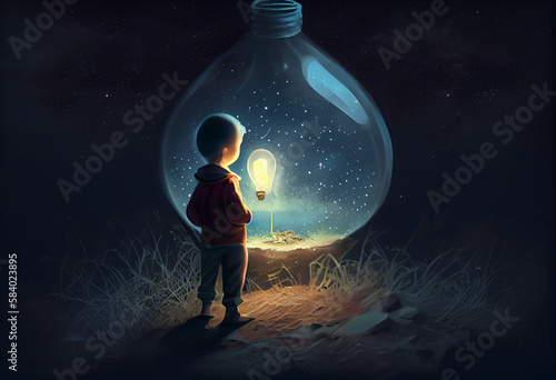 boy looking the big bulb half buried in the ground against night sky with stars and space dust  digital art style. Generate Ai.