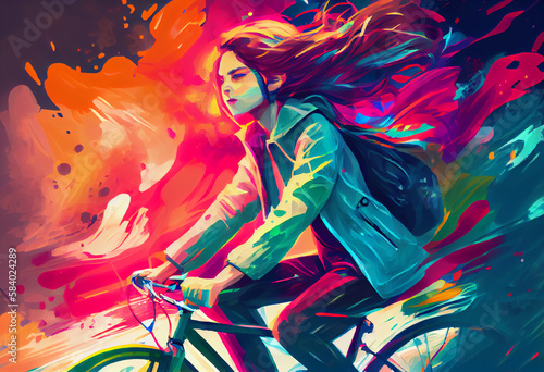 Young woman riding a bicycle. Generate Ai.