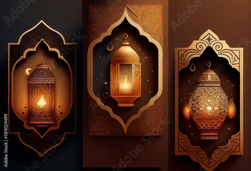 Islamic greeting Eid Mubarak cards for Muslim Holidays.Eid-Ul-Adha festival celebration.Arabic Ramadan Lantern. Generate Ai.