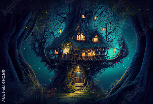 magical fantasy fairy tale scenery of tree house at night in a forest. Generate Ai.