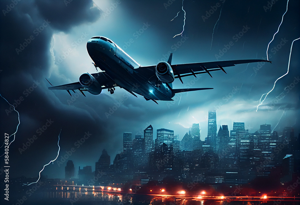 Obraz premium Passenger plane flies in a storm over the city . Generate Ai.