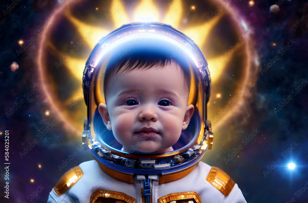 Astronaut kid in spacesuit. Portrait of baby in cosmic outfit in space. Preschooler cosmonaut. Generative AI. Astronaut kid in spacesuit. Portrait of baby in cosmic outfit in space. Preschooler cosmonaut. Generative AI.