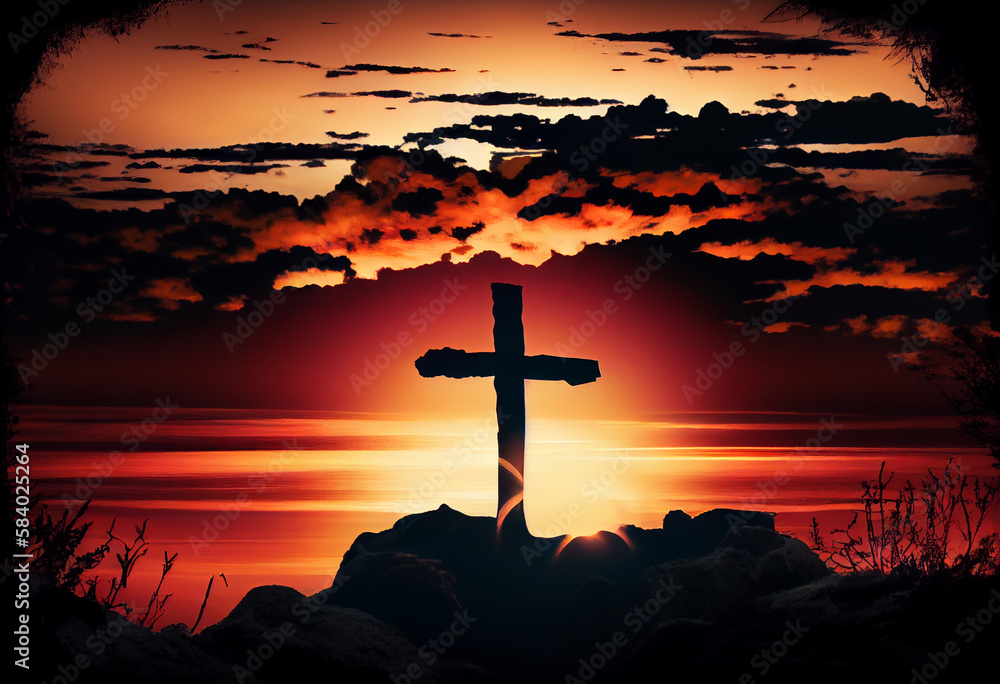 The Cross on sunset background. Generate Ai.