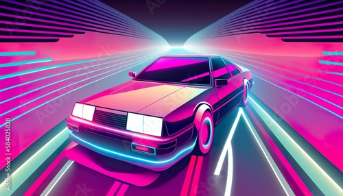 Synth wave car on road illustration 80s . Creative illustration. (Ai Generate) © Анастасия Птицова