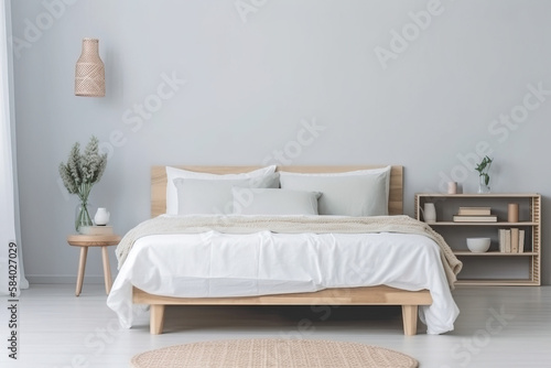 interior of a bedroom with a bed and flowers