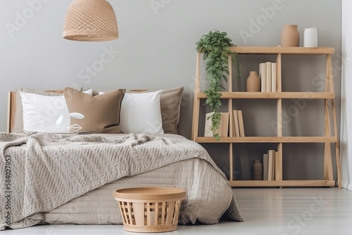 interior of a bedroom with a bed and flowers