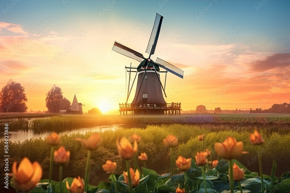 Illustration of a traditional Dutch windmill in a field of flowers during sunrise. Generative AI.