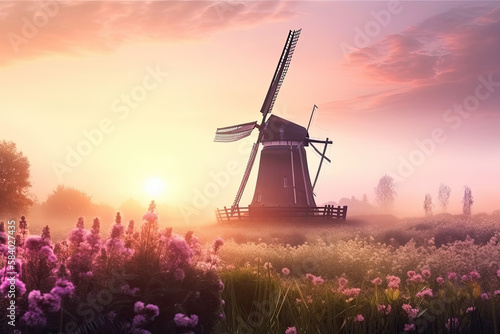 Illustration of a traditional Dutch windmill in a field of flowers during sunrise. Generative AI.