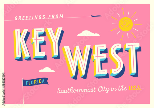 Greetings from Key West, Florida, USA - Southernmost City in the U.S.A. - Touristic Postcard.