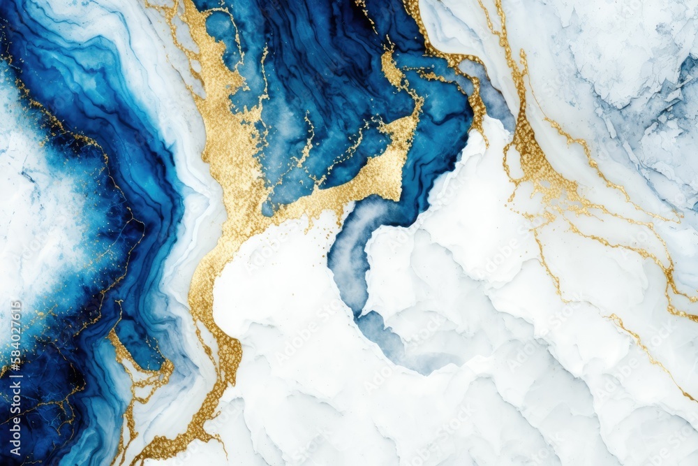 Obraz premium Marble Texture Blue Gold White Gray Color Elegant Luxury Pattern Veins Waves Flow Stone Wallpaper Background Backdrop Design Decor Decoration