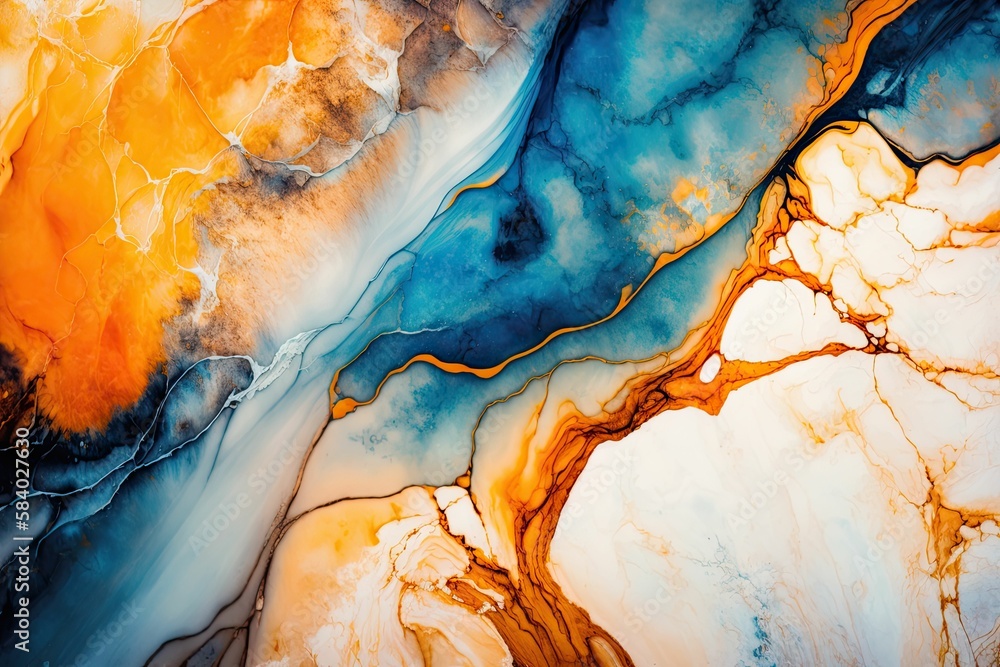 Fototapeta premium Marble Texture Orange Blue White Gray Color Elegant Luxury Pattern Veins Waves Flow Stone Wallpaper Background Backdrop Design Decor Decoration
