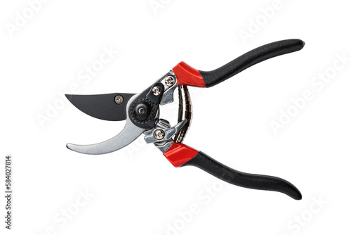 Secateurs. The hand tool is designed to remove shoots and small branches when forming the crown of small trees and shrubs. Isolated on transparent background. Open state. Top view. photo
