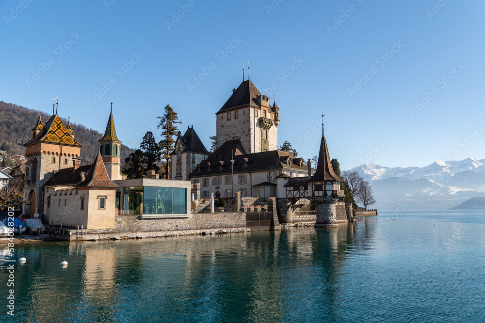 Majestic castle Oberhofen at the lake of Thun in Switzerland