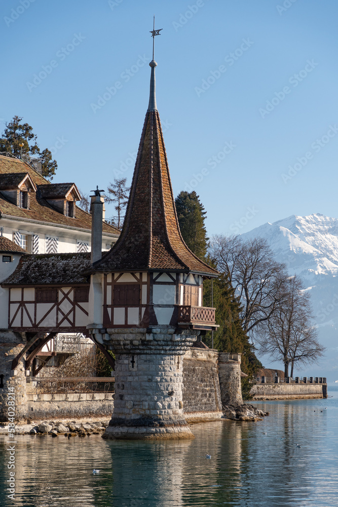 Majestic castle Oberhofen at the lake of Thun in Switzerland