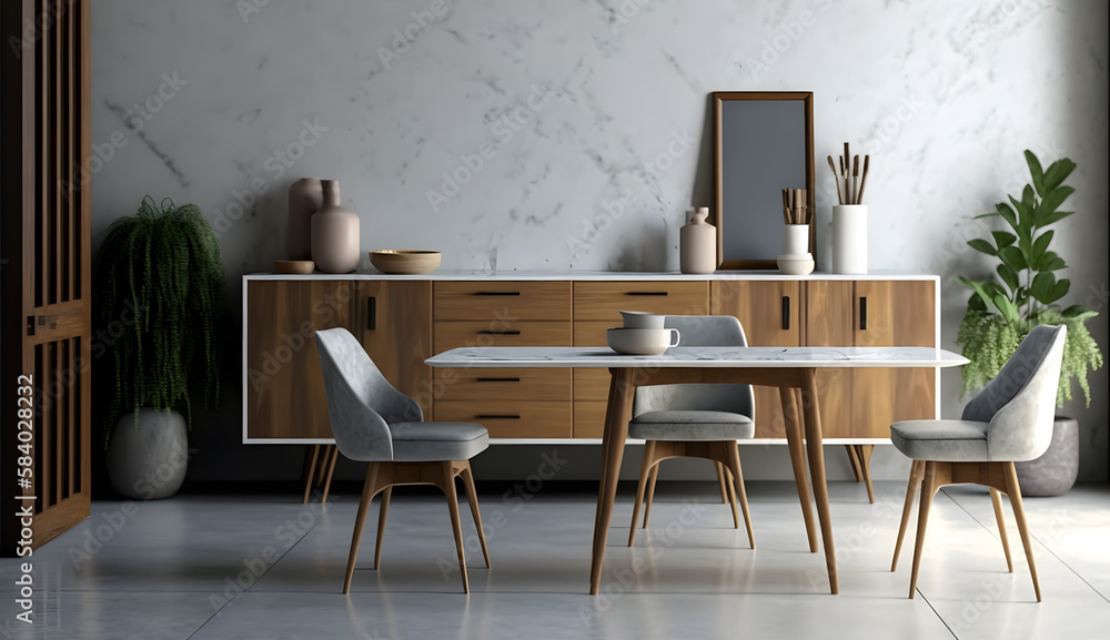 Fototapeta premium interior design room ,marble wall ,including table and chairs -AI Generative 