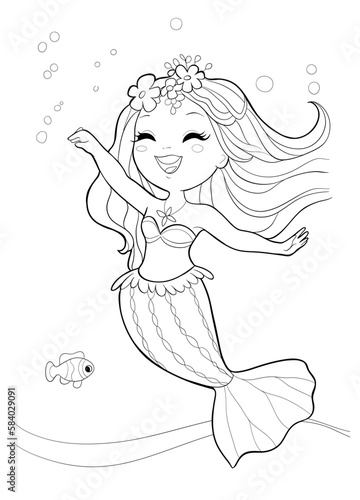 Beautiful cheerful and smiling mermaid dancing Coloring Page for kids. Line illustration