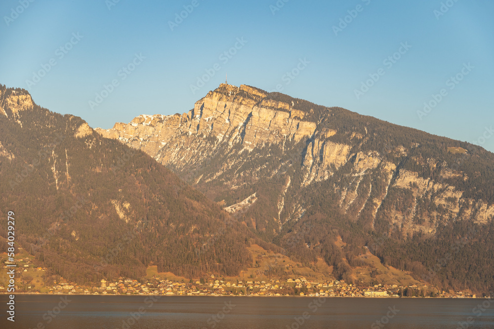 Alpine scenery at the lake of Thun in Spiez in Switzerland