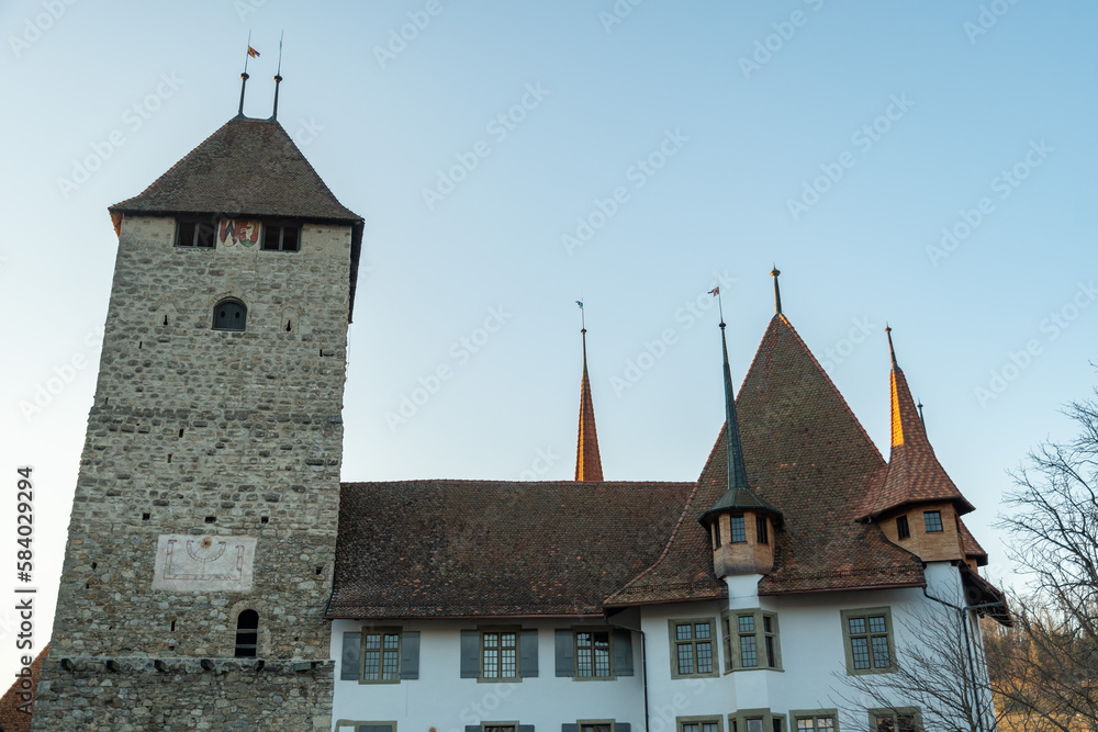 Naklejka premium Spiez castle at the lake of Thun in Switzerland
