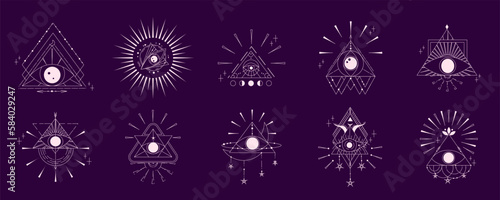 Esoteric pyramid set with eye isolated. Occult mystic triangle with sun and star. Geometric esoteric symbol. Vector illustration design drawn in lines. Mystic eye in triangle