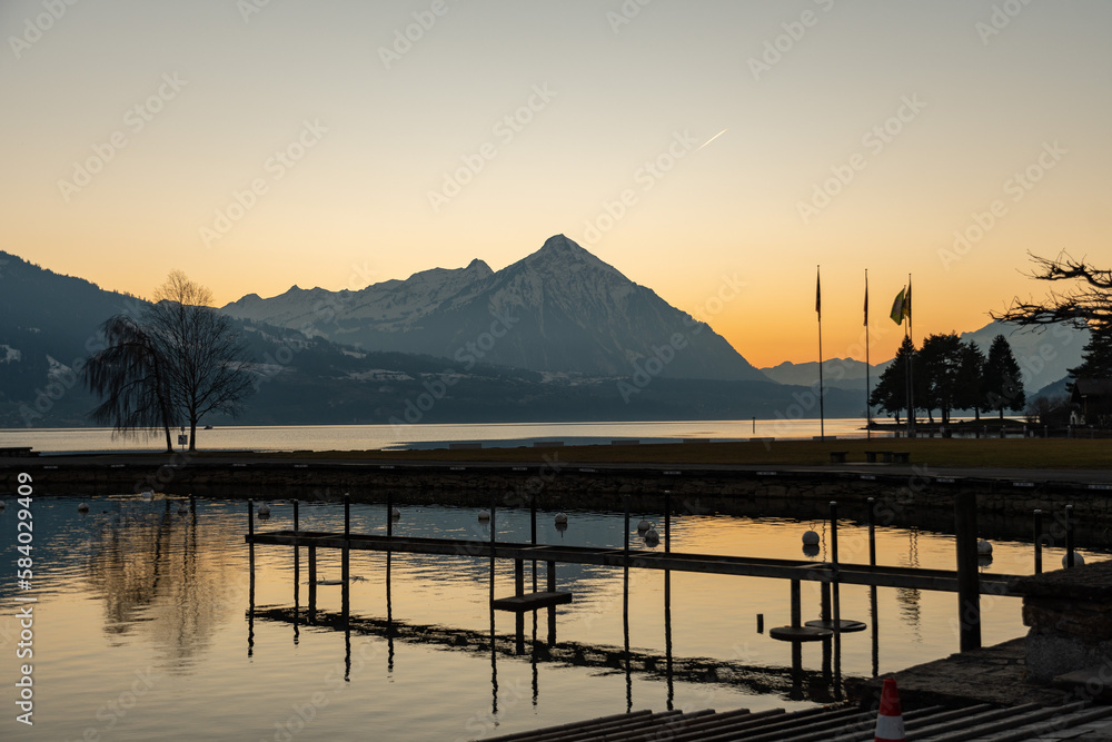 Evening mood at the lake of Thun in Unterseen in Switzerland