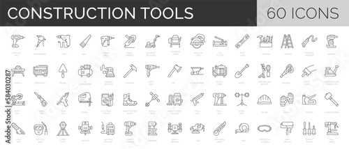 Set of 60 construction tools, instruments, equipment. Outline renovation symbols collection. Editable stroke. Vector illustration