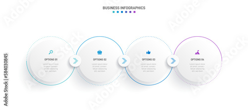 Timeline infographic with infochart. Modern presentation template with 4 spets for business process. Website template on white background for concept modern design. Horizontal layout.