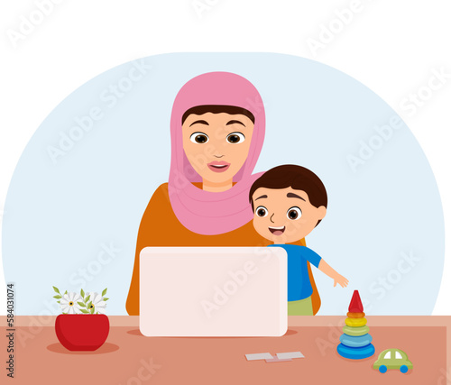 A Muslim freelancer mother is sitting with a child and working at home with a laptop. parenting and career. vector illustration. Freelancer's working day