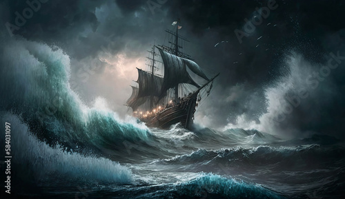 a ship in a thunder storm, artwork, thunder, big waves in the ocean, generated by AI tool © Fahad