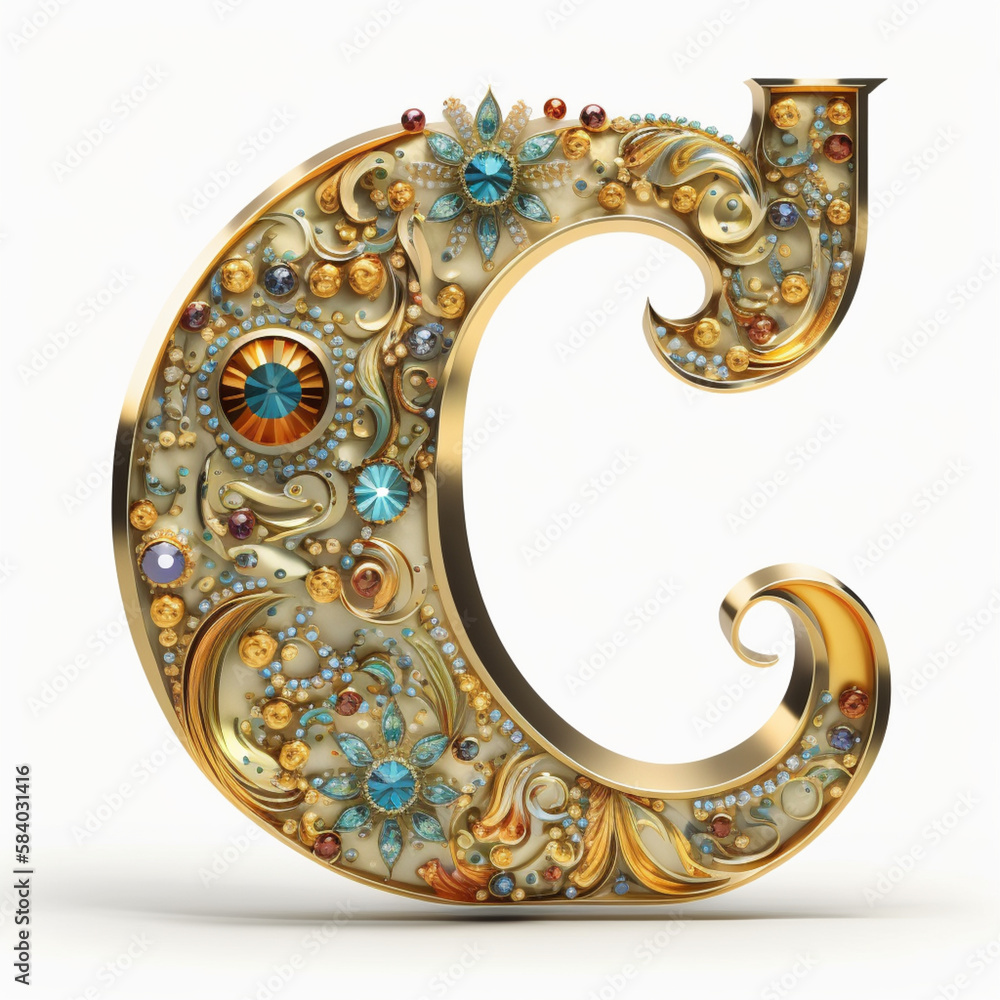 A gold letter c with precious stones and gemstones., generate ia A gold letter c with precious stones and gemstones., generate ia