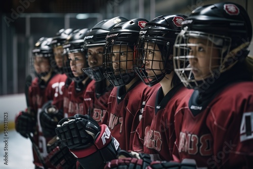 Ice hockey Asian women's team standing on a row. Generative AI illustration
