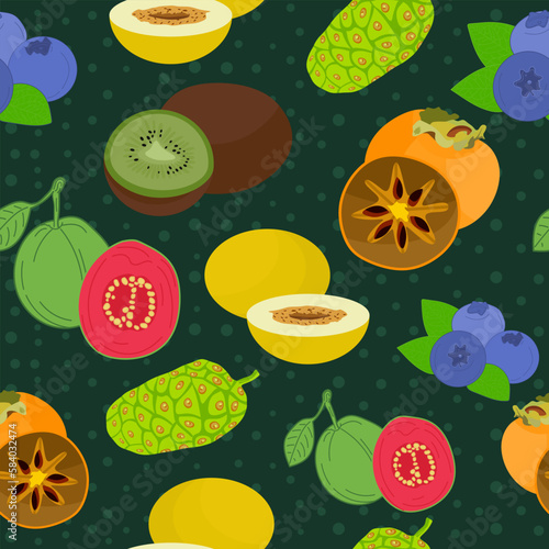 Fototapeta Naklejka Na Ścianę i Meble -  Seamless pattern with fresh fruits on green background. Colorful fruits Persimmon, Blueberry, Honeydew melon, Kiwi, Guava, Noni fruit. Vector illustration