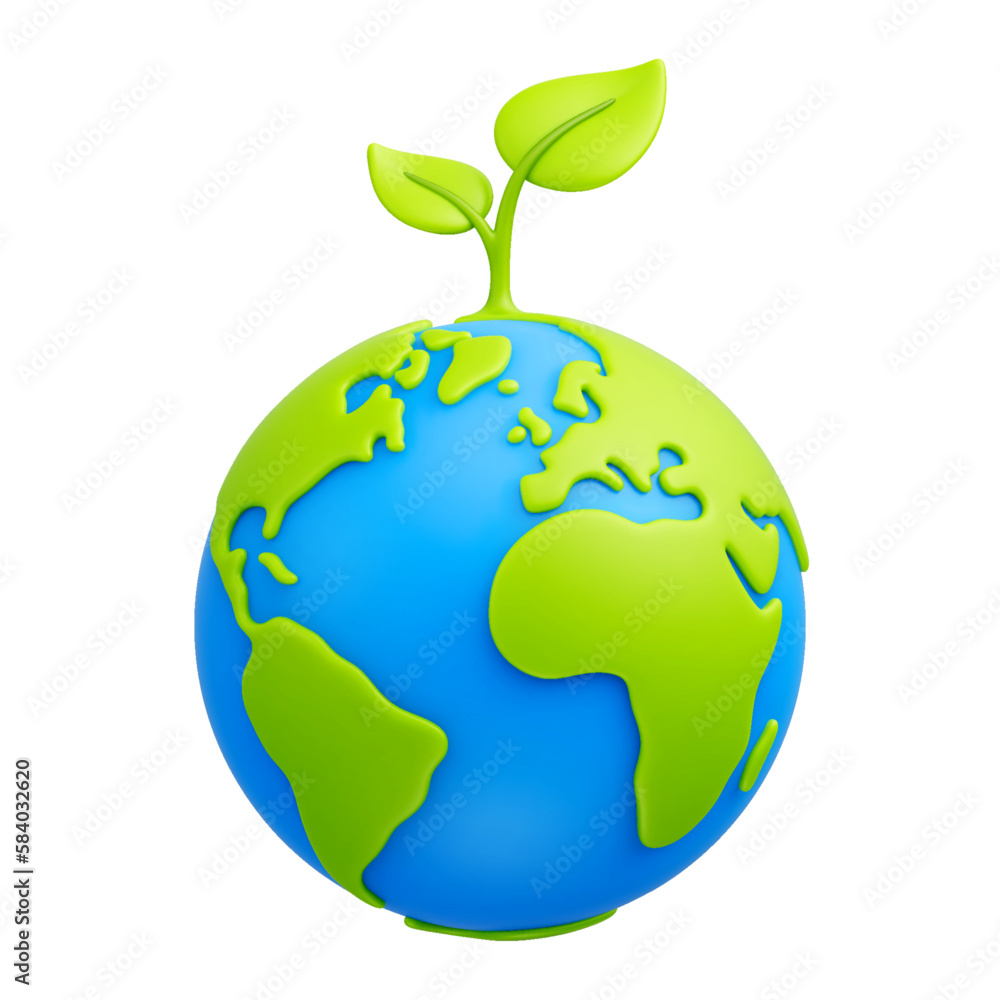 Cartoon planet Earth with green sprout and leaves 3d vector icon on white background. Earth day, ecology, nature and environment conservation concept. Save green planet concept
