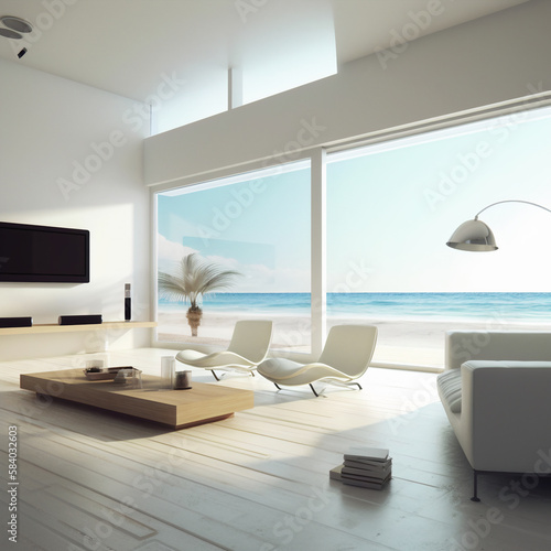Minimal modern interior living room, with beach ocean view behind windows. Generative AI © Snowboy