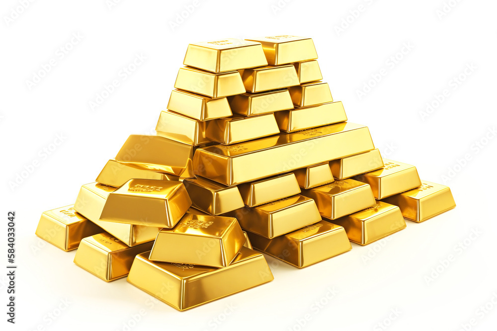 Gold bars stacked in a pyramid on a white background. Precious metal. AI generated. Gold bars stacked in a pyramid on a white background. Precious metal. AI generated.